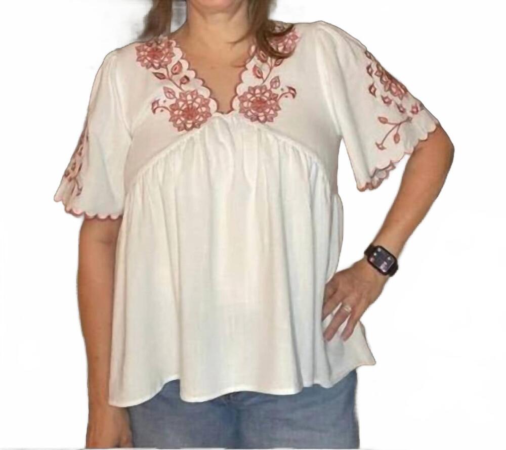 NEW SAGE+FIG meadow embroidered blouse in coral